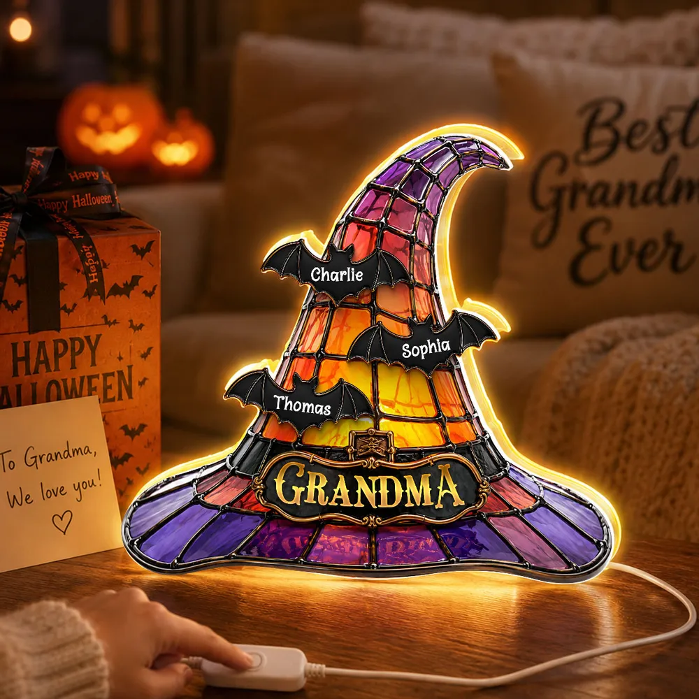 Personalized Acrylic Light Box, Witch Hat Halloween Decor, Unique Gift for Grandma with Warm Glow - Image 2