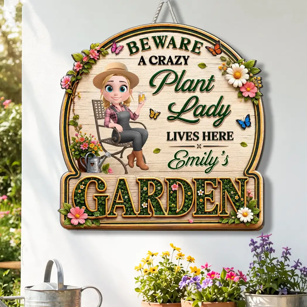 Personalized Wooden Sign, Sitting Crazy Plant Lady Garden Decor, Unique Creative Gift for Plant Lovers