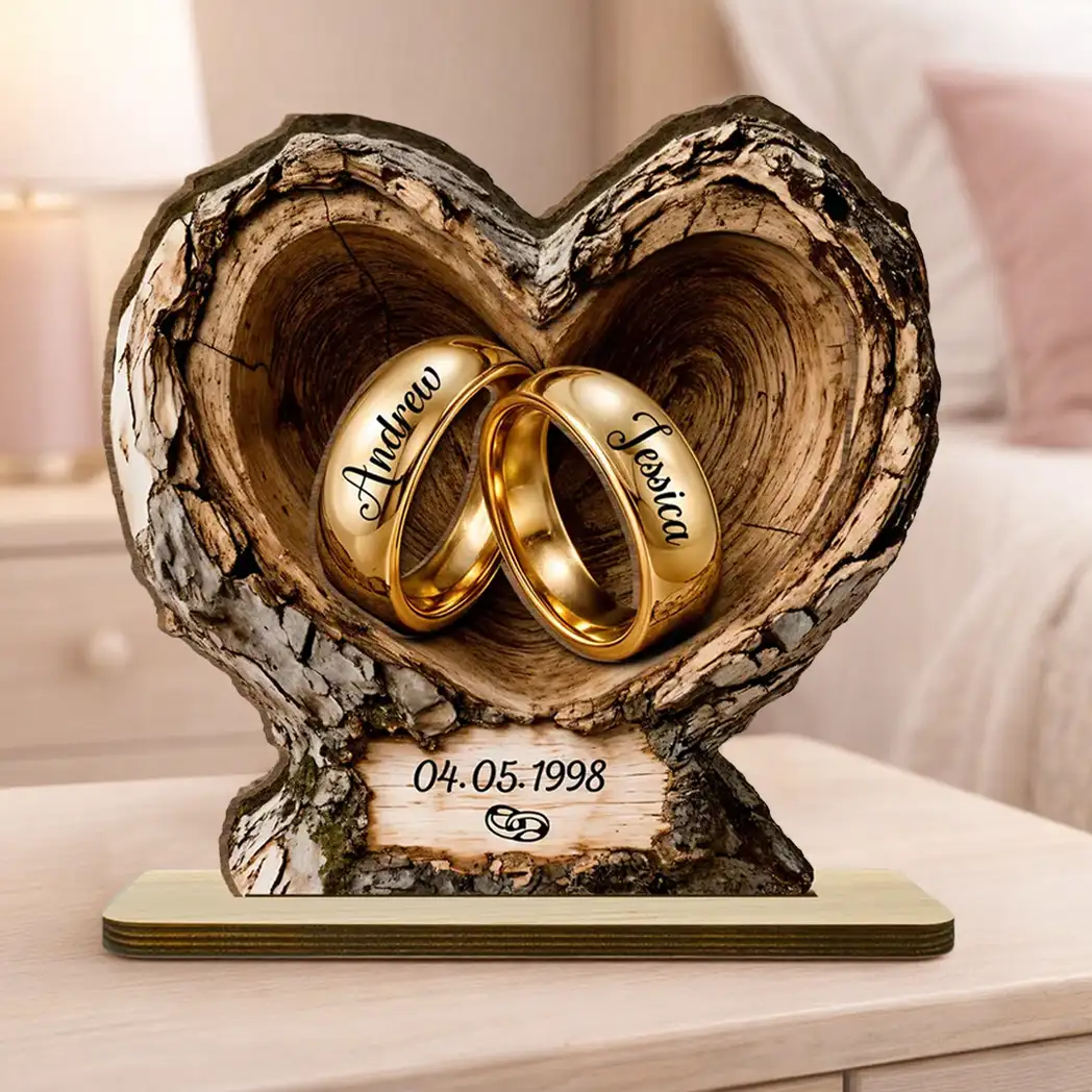 Personalized 2-Layer Wooden Plaque with Wedding Rings, Unique Creative Gift for Couple Anniversary