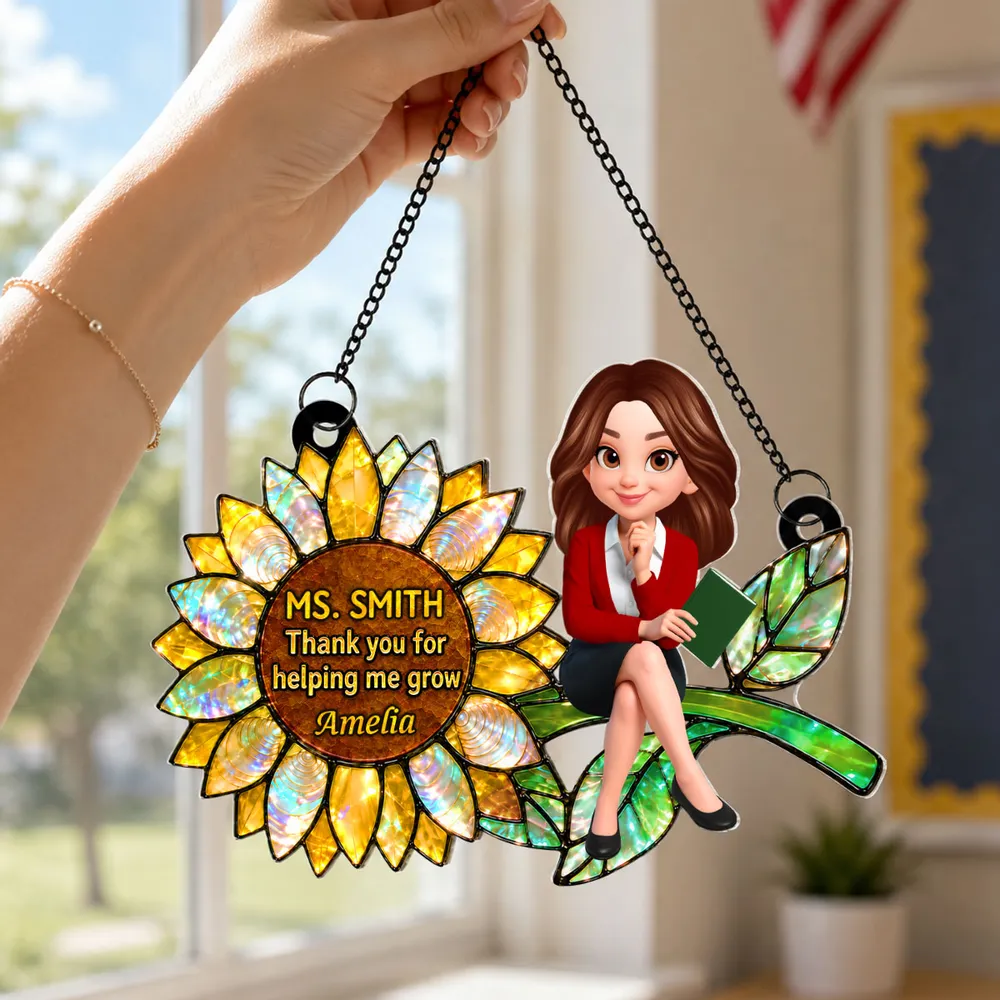 Personalized Acrylic Suncatcher Ornament for Teacher, Unique Sunflower Gift with Cartoon Teacher Holding a Book - Image 3