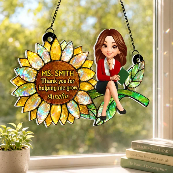 Personalized Acrylic Suncatcher Ornament for Teacher, Unique Sunflower Gift with Cartoon Teacher Holding a Book - Image 5