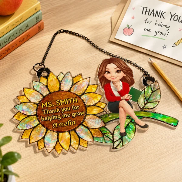 Personalized Acrylic Suncatcher Ornament for Teacher, Unique Sunflower Gift with Cartoon Teacher Holding a Book - Image 6