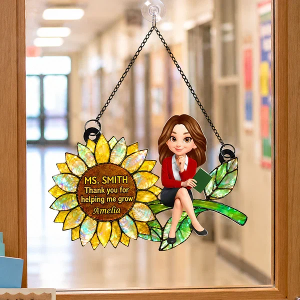 Personalized Acrylic Suncatcher Ornament for Teacher, Unique Sunflower Gift with Cartoon Teacher Holding a Book - Image 8