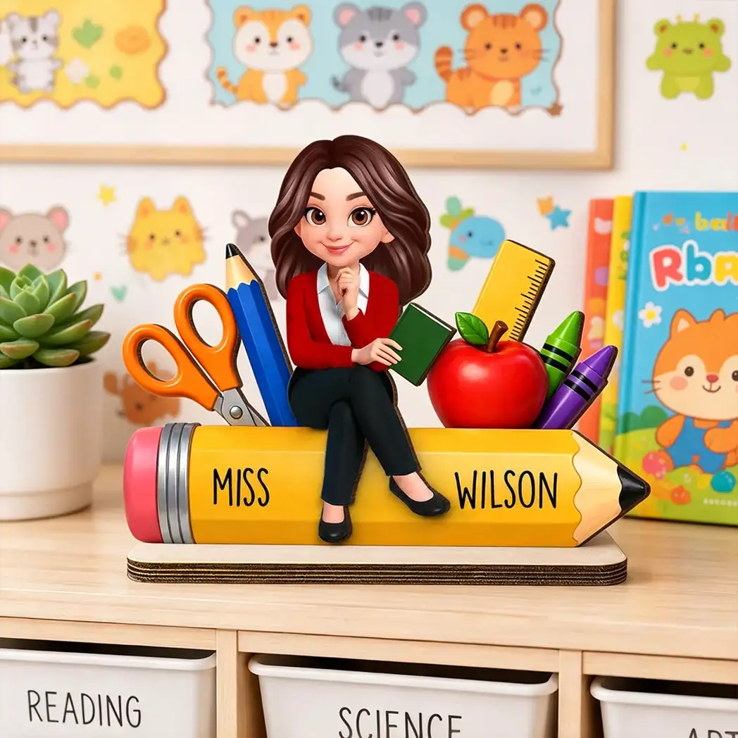 Personalized Wooden Plaque, Teacher Sitting on Pencil Classroom Decor, Unique Creative Gift for Teacher