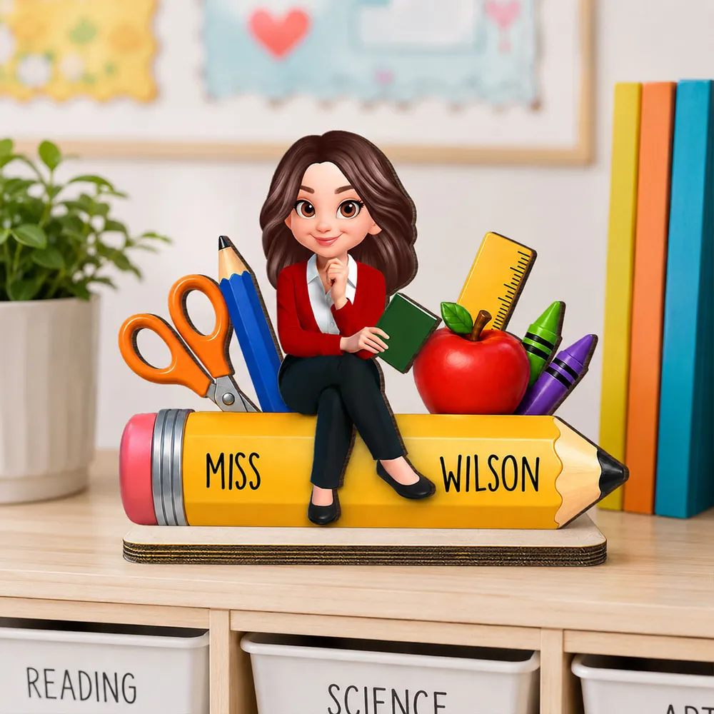 Personalized Wooden Plaque, Teacher Sitting on Pencil Classroom Decor, Unique Creative Gift for Teacher - Image 2