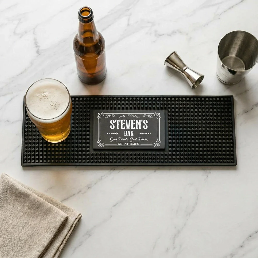 Personalized Rubber Bartender Mat, Vintage Home Bar Design, Unique Gift for Beer Lovers
