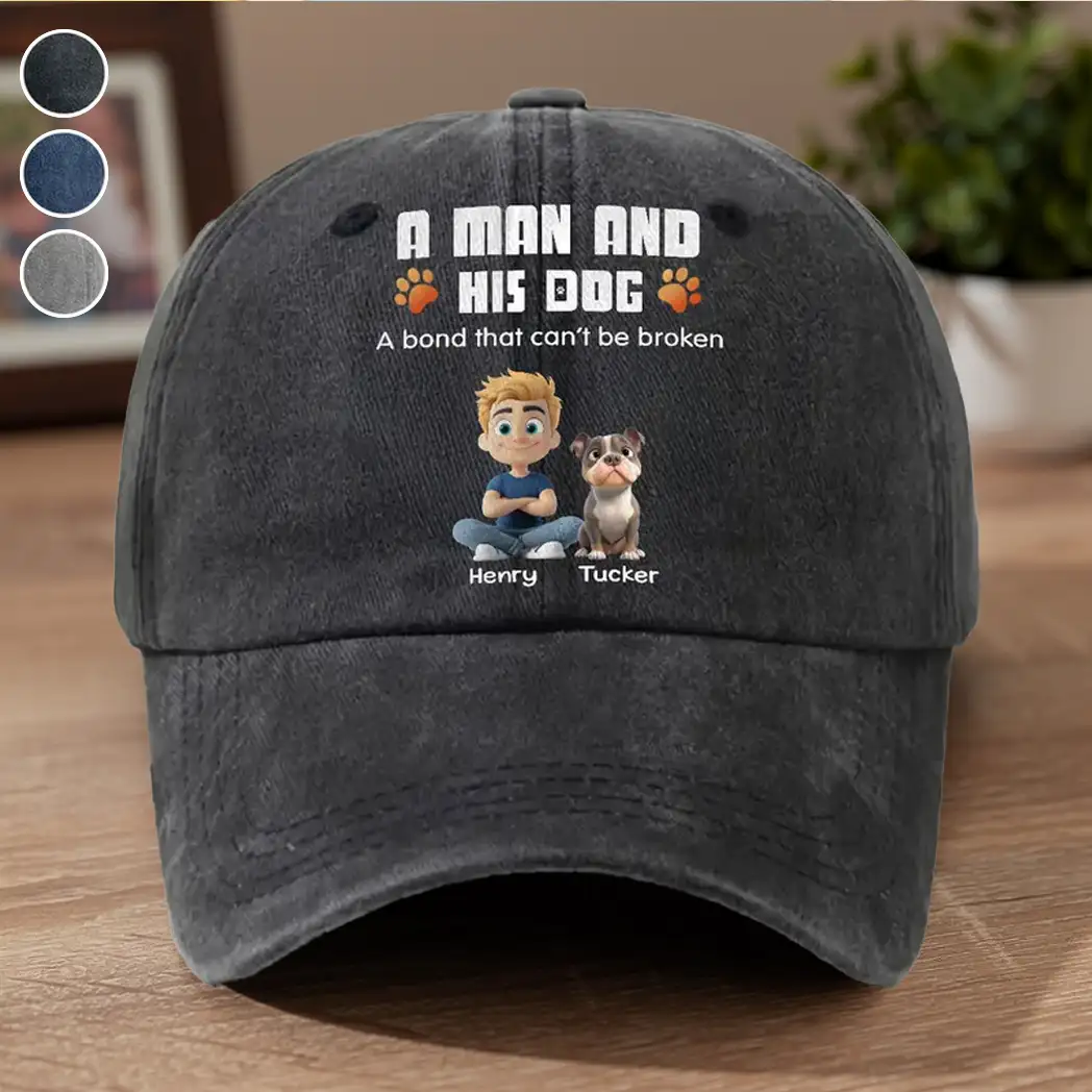 Personalized Washed Denim Baseball Cap, Sitting Man & Dog Cartoon, Unique Gift for Dog Dad