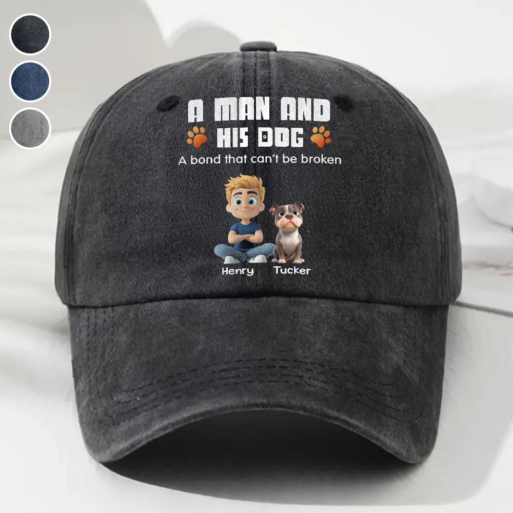 Personalized Washed Denim Baseball Cap, Sitting Man & Dog Cartoon, Unique Gift for Dog Dad - Image 2