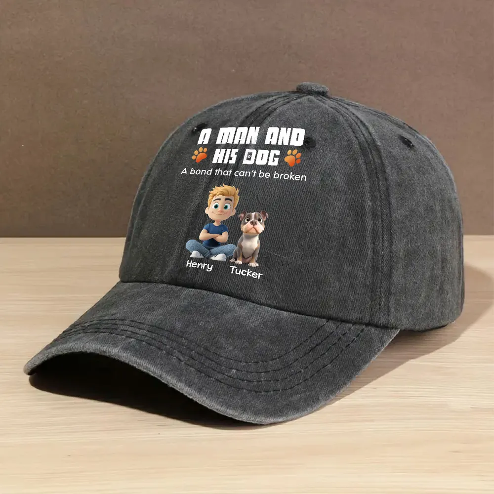Personalized Washed Denim Baseball Cap, Sitting Man & Dog Cartoon, Unique Gift for Dog Dad - Image 3