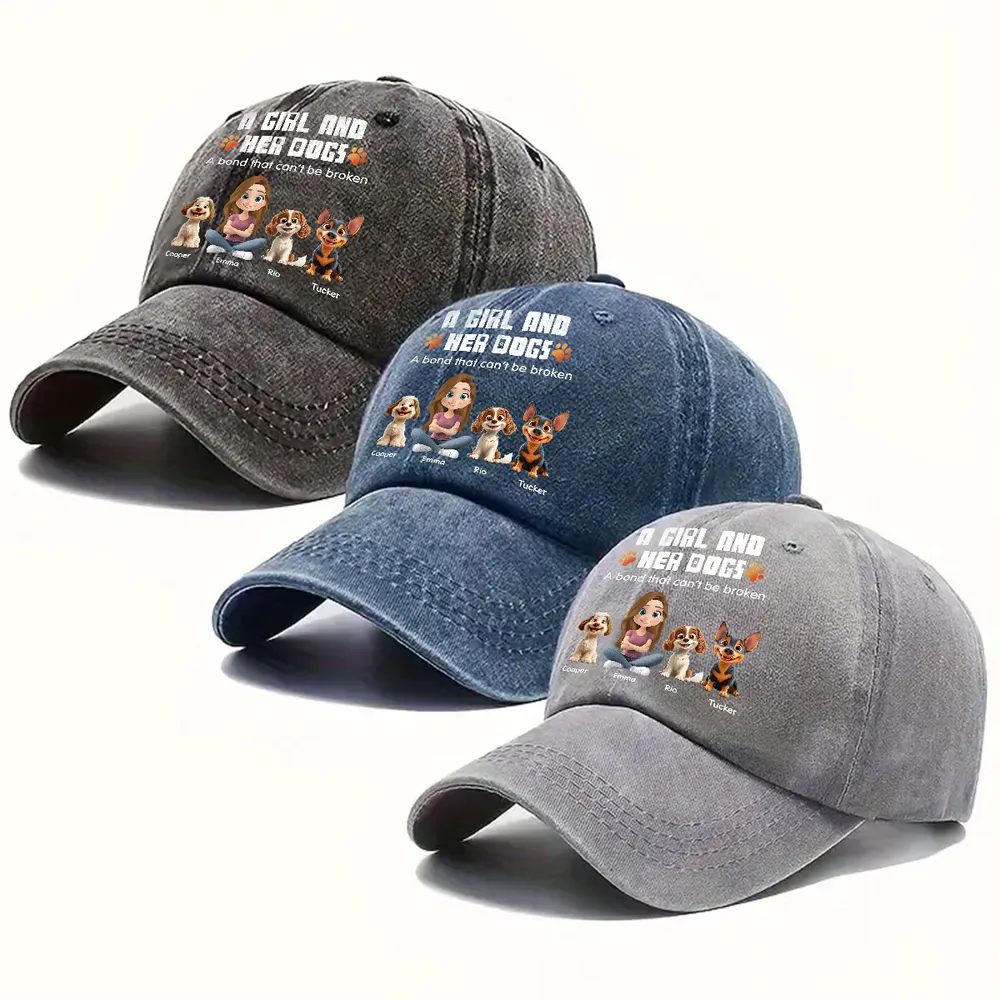 Personalized Washed Denim Baseball Cap, Sitting Man & Dog Cartoon, Unique Gift for Dog Dad - Image 5