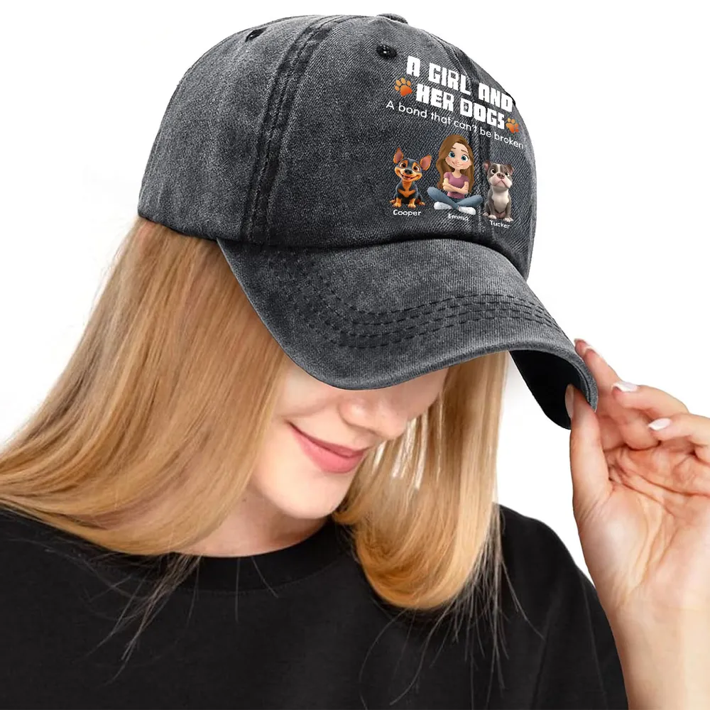 Personalized Washed Denim Baseball Cap, Sitting Man & Dog Cartoon, Unique Gift for Dog Dad - Image 6