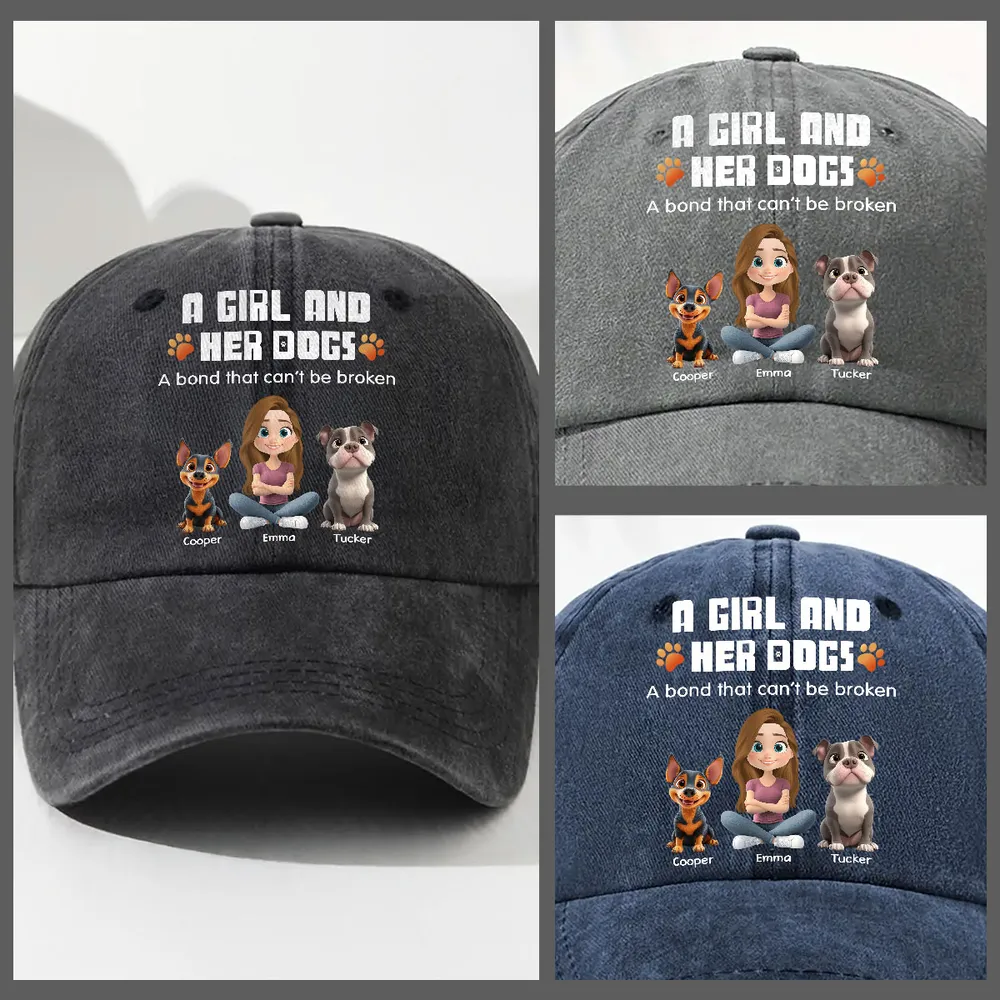 Personalized Washed Denim Baseball Cap, Sitting Man & Dog Cartoon, Unique Gift for Dog Dad - Image 7