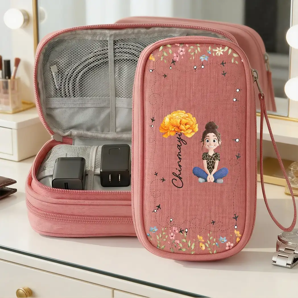 Personalized Oxford Cable Organizer with Birth Flower Art, Unique Gift for Her