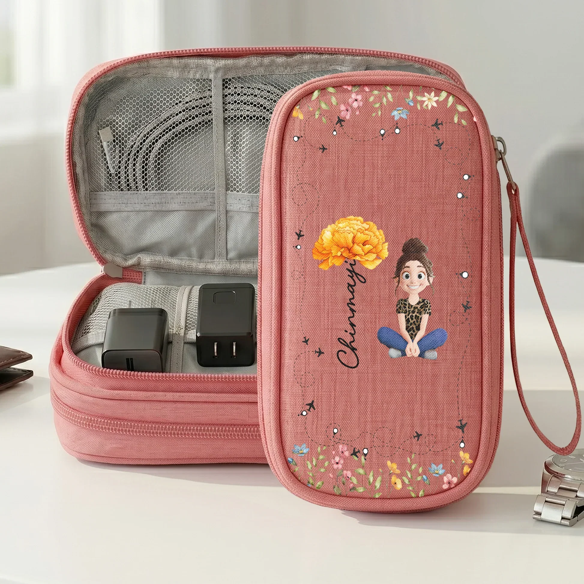 Personalized Oxford Cable Organizer with Birth Flower Art, Unique Gift for Her - Image 3