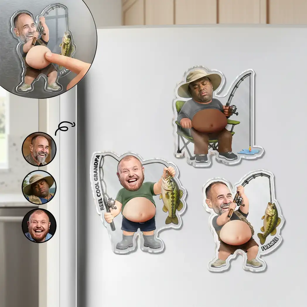 Personalized Silicone Belly Acrylic Magnet, Funny Fishing Dad Bod Photo, Unique Creative Gift for Dad Grandpa