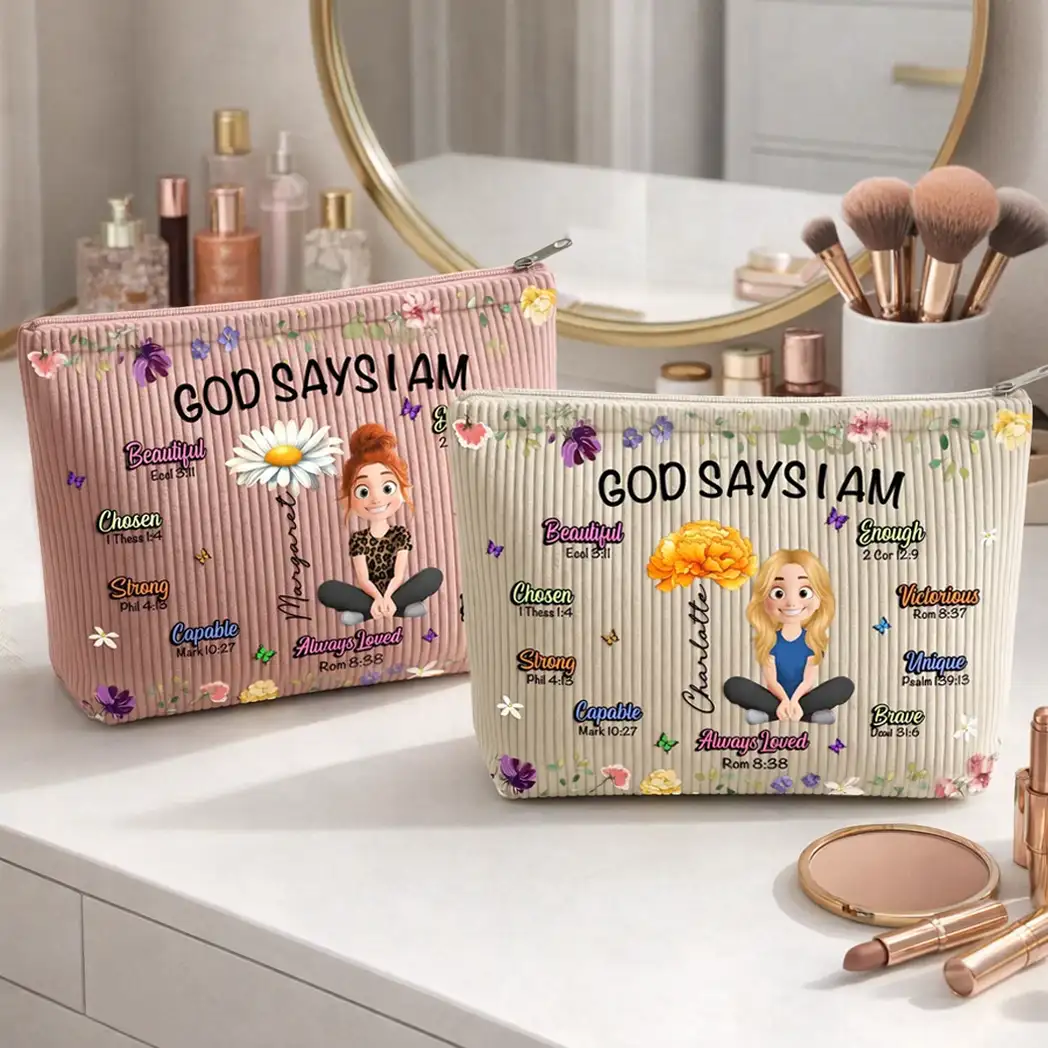Personalized Corduroy Makeup Bag, God Says I Am Floral Design, Unique Gift for Her