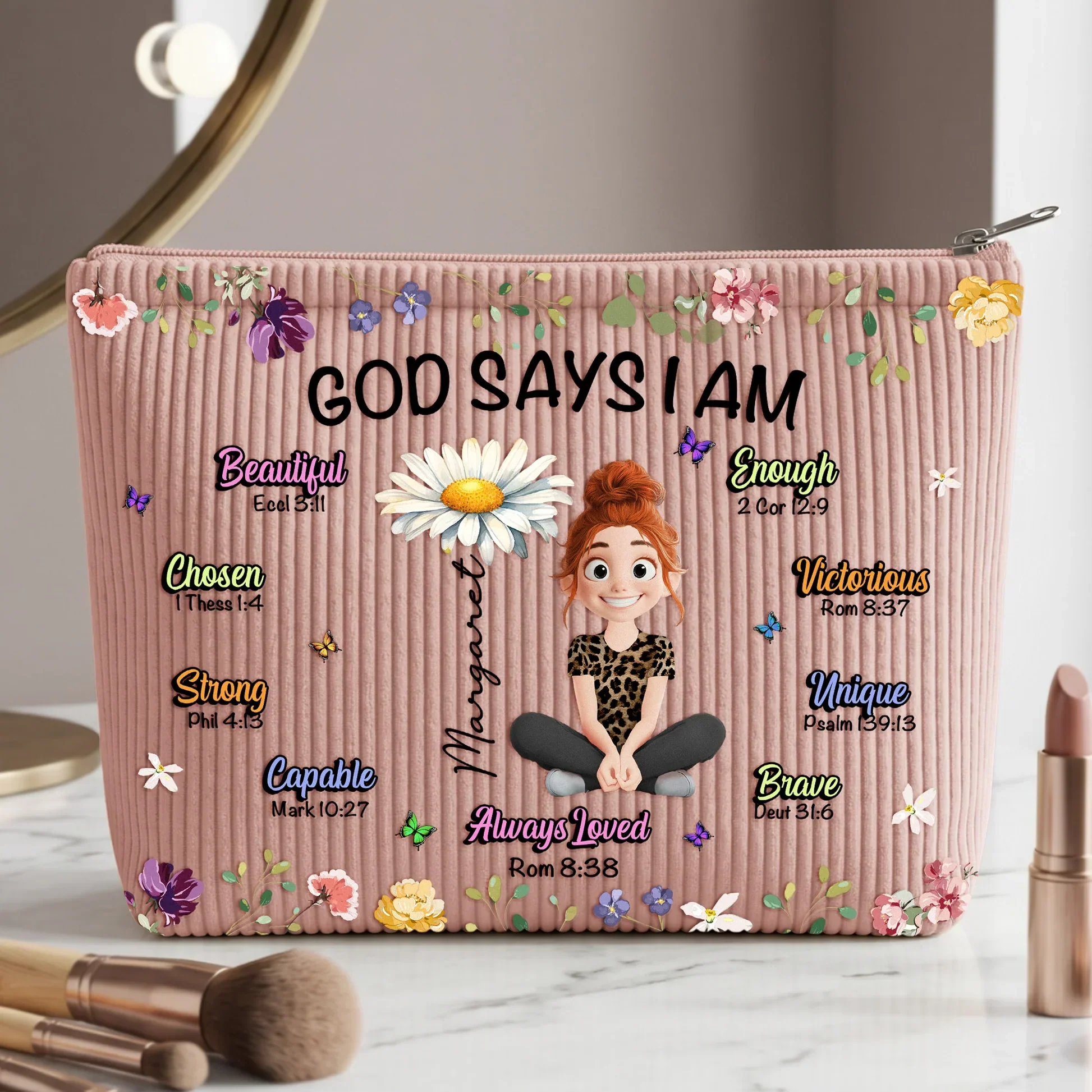 Personalized Corduroy Makeup Bag, God Says I Am Floral Design, Unique Gift for Her - Image 2