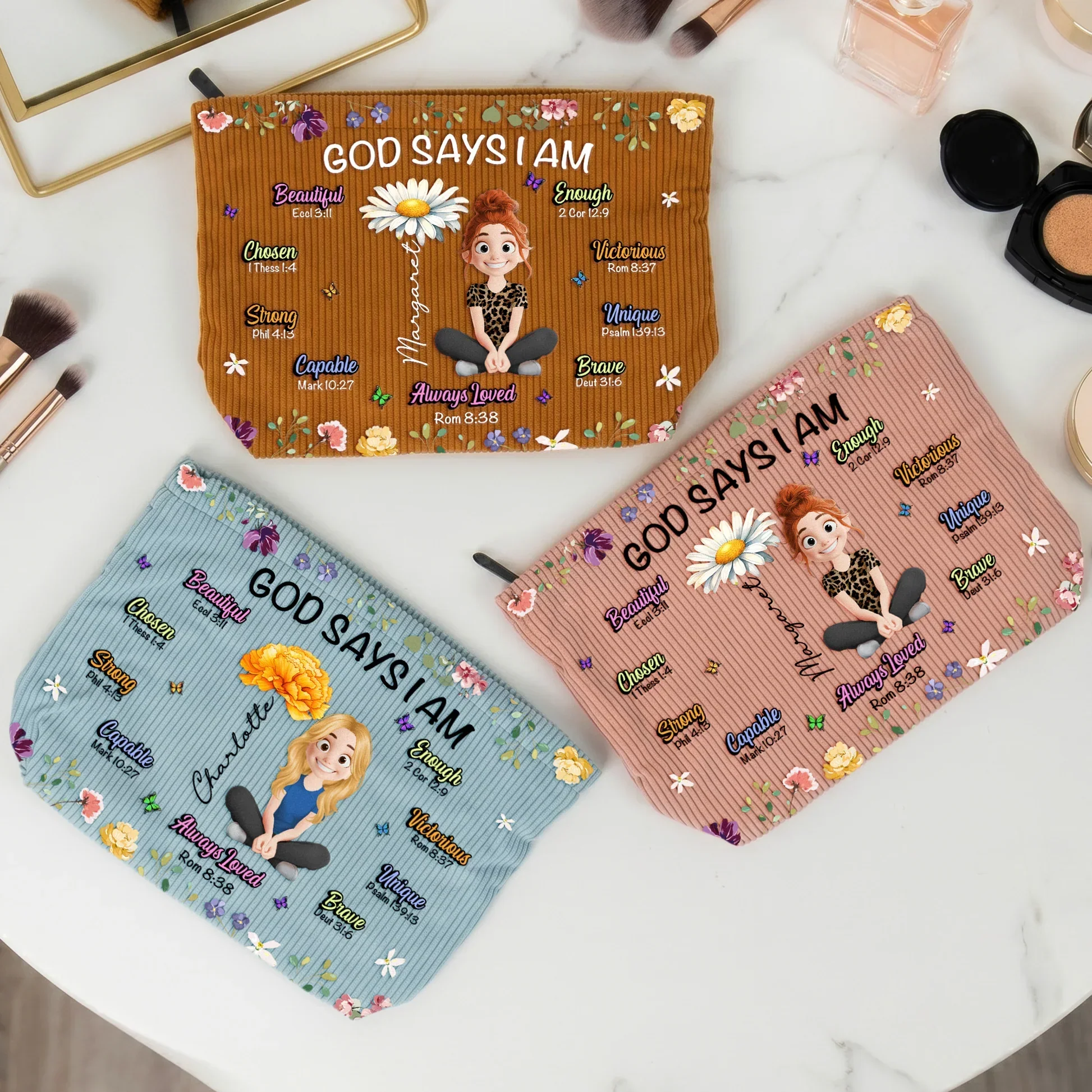 Personalized Corduroy Makeup Bag, God Says I Am Floral Design, Unique Gift for Her - Image 6