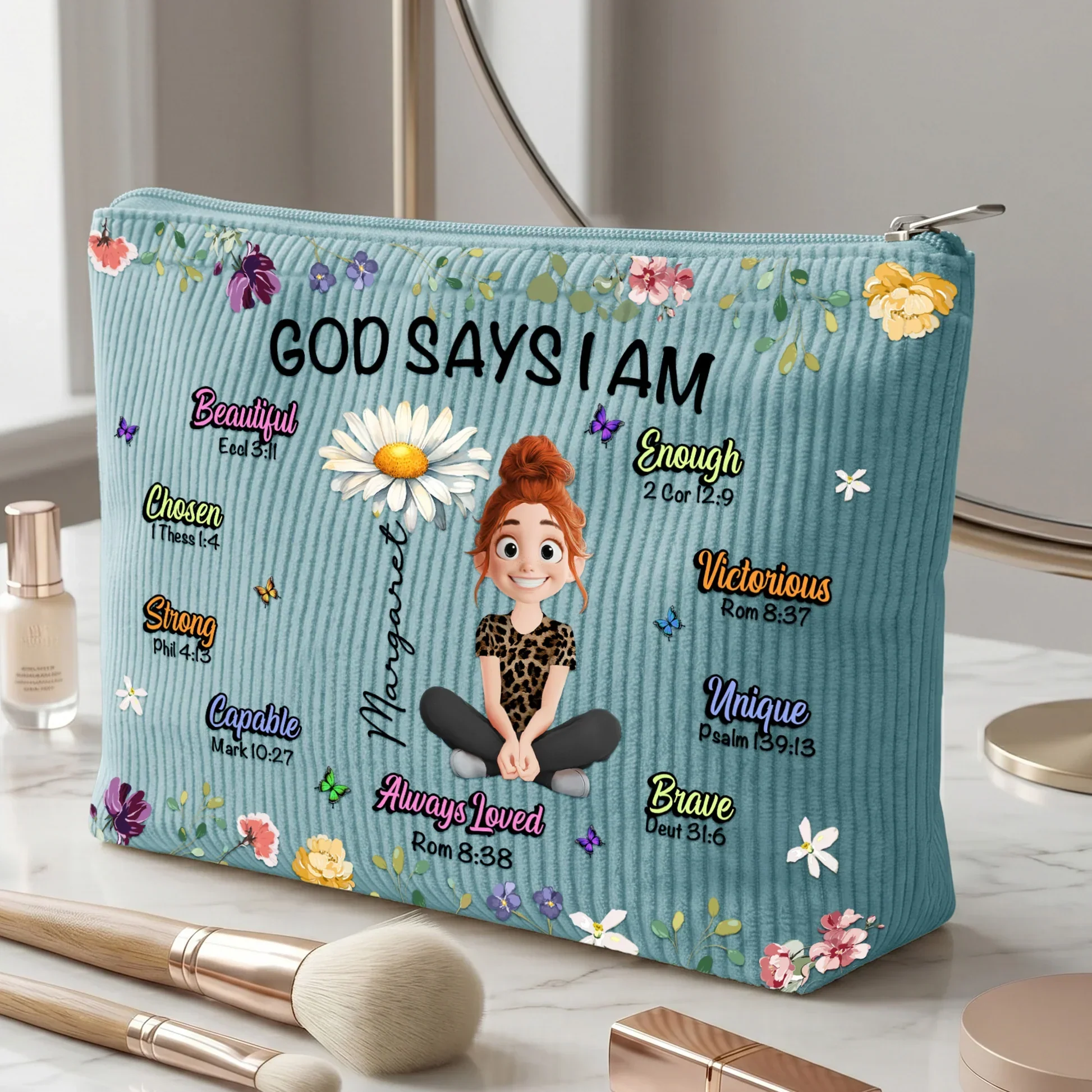 Personalized Corduroy Makeup Bag, God Says I Am Floral Design, Unique Gift for Her - Image 7