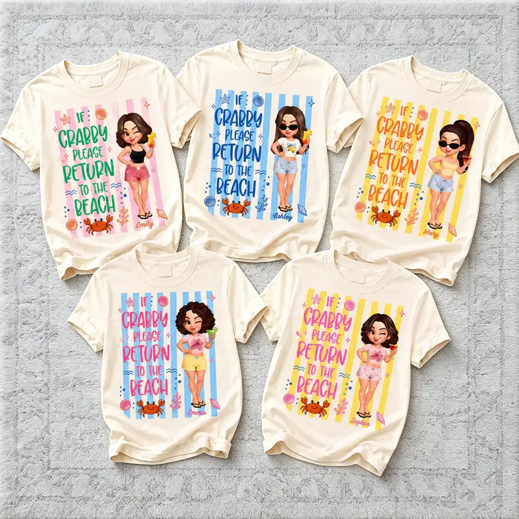 Personalized Classic Tee, Cute Crabby Beach Cartoon Shirt, Unique Creative Gift for Beach Lovers