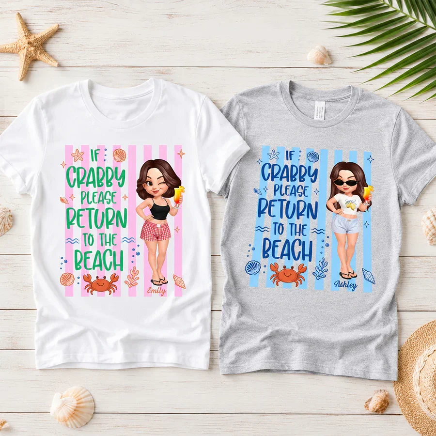 Personalized Classic Tee, Cute Crabby Beach Cartoon Shirt, Unique Creative Gift for Beach Lovers - Image 2