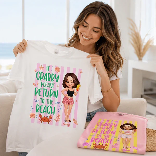 Personalized Classic Tee, Cute Crabby Beach Cartoon Shirt, Unique Creative Gift for Beach Lovers - Image 5