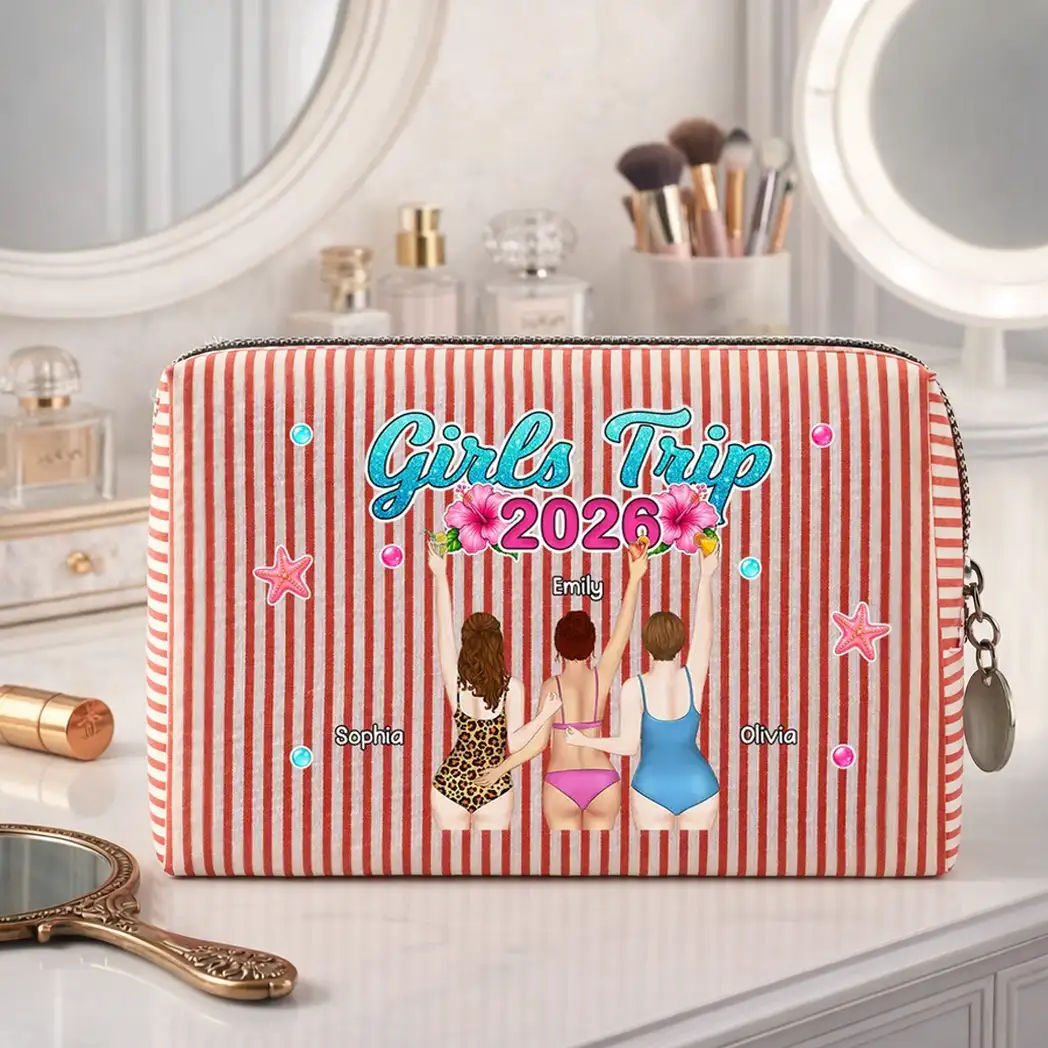 Personalized Striped Makeup Bag, Girls Trip Beach Illustration, Unique Gift for Friends