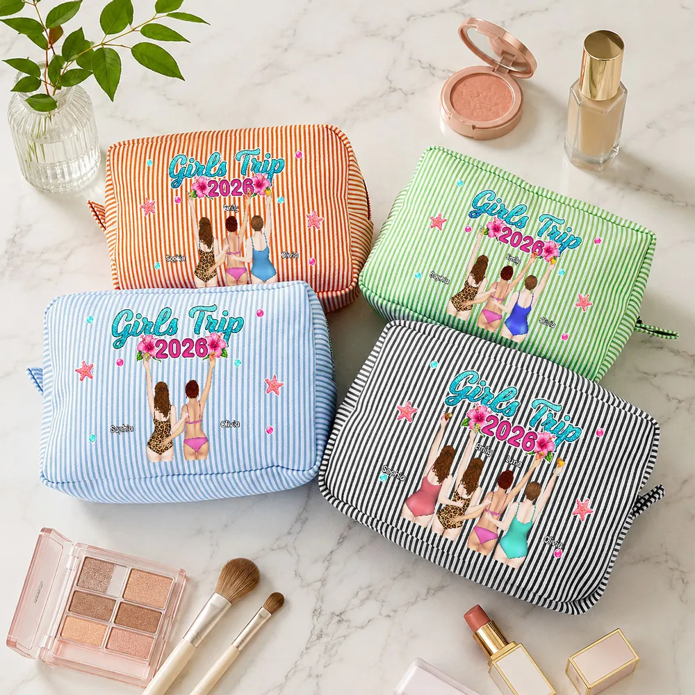 Personalized Striped Makeup Bag, Girls Trip Beach Illustration, Unique Gift for Friends - Image 2