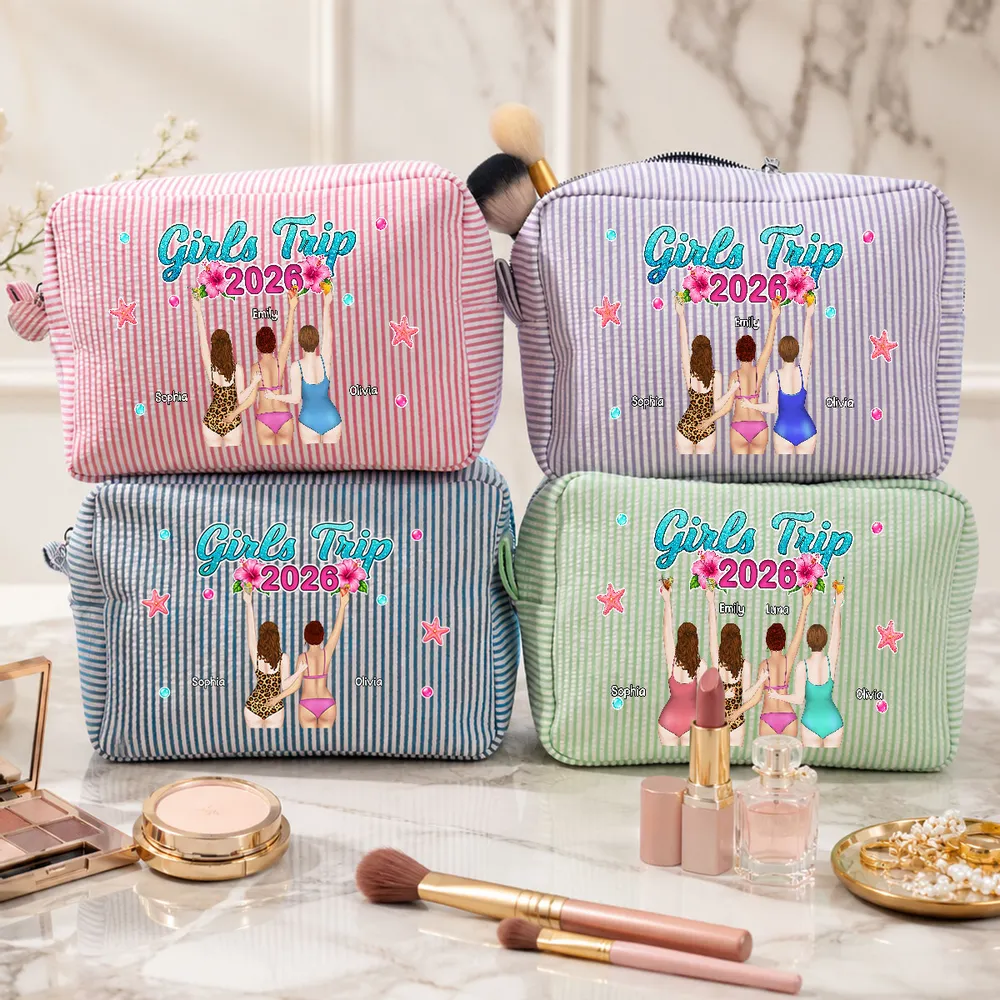 Personalized Striped Makeup Bag, Girls Trip Beach Illustration, Unique Gift for Friends - Image 3