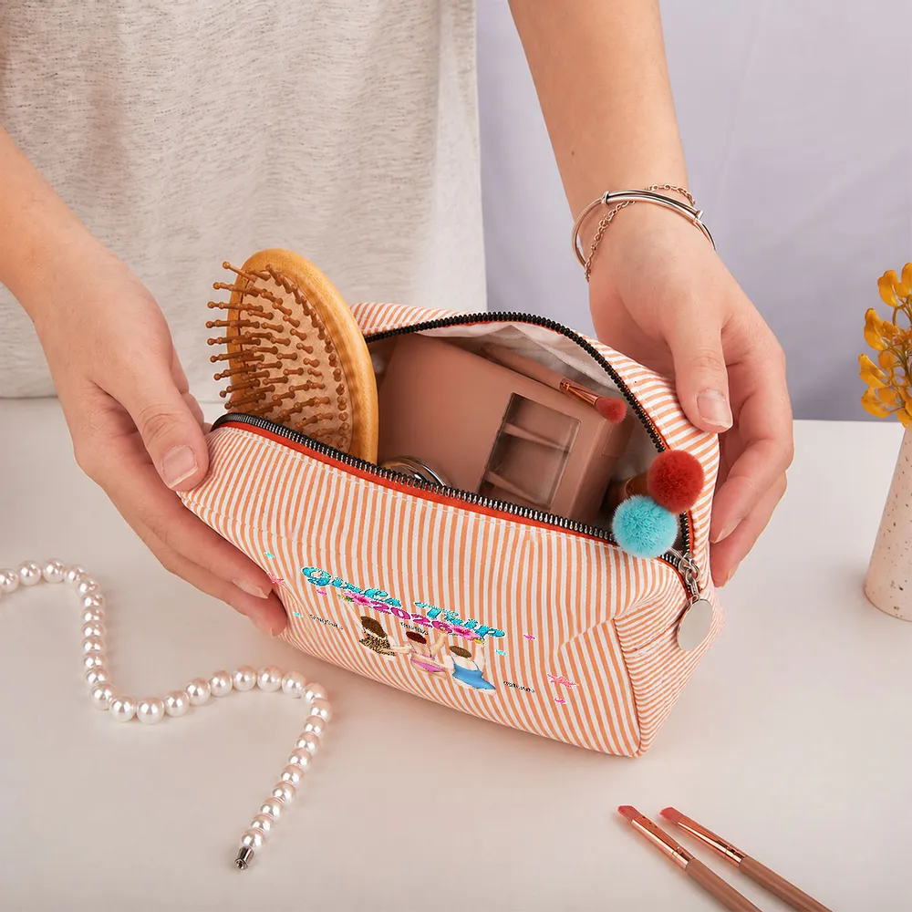 Personalized Striped Makeup Bag, Girls Trip Beach Illustration, Unique Gift for Friends - Image 6