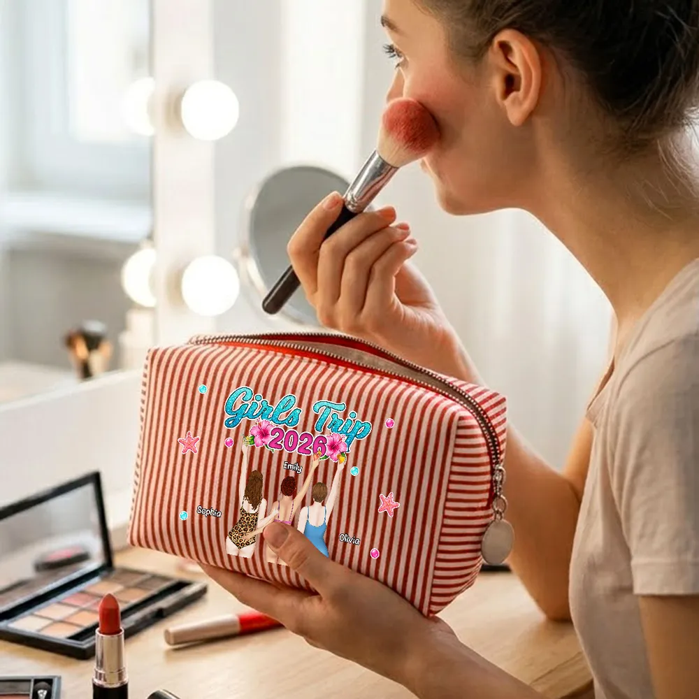 Personalized Striped Makeup Bag, Girls Trip Beach Illustration, Unique Gift for Friends - Image 7