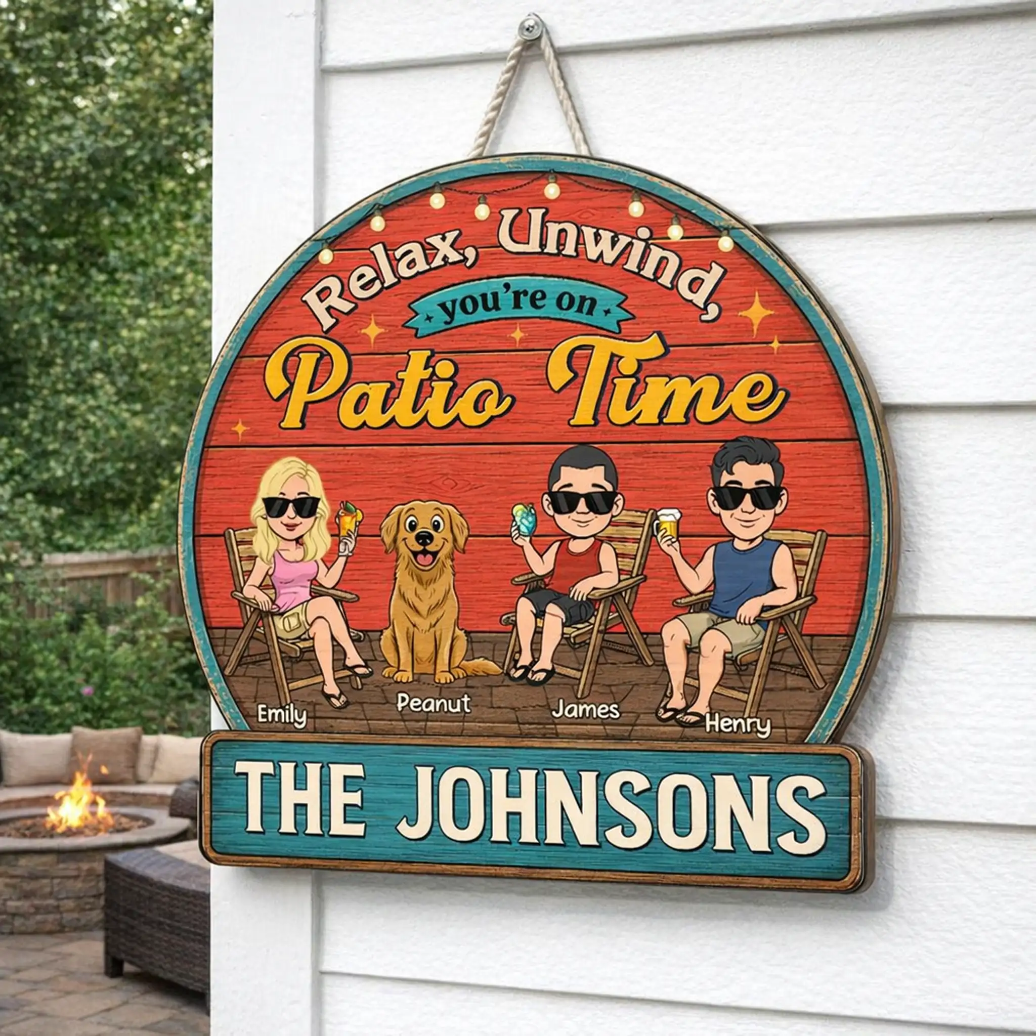 Personalized Wooden Sign with Lounging Patio Family & Dog Scene, Unique Creative Gift for Families