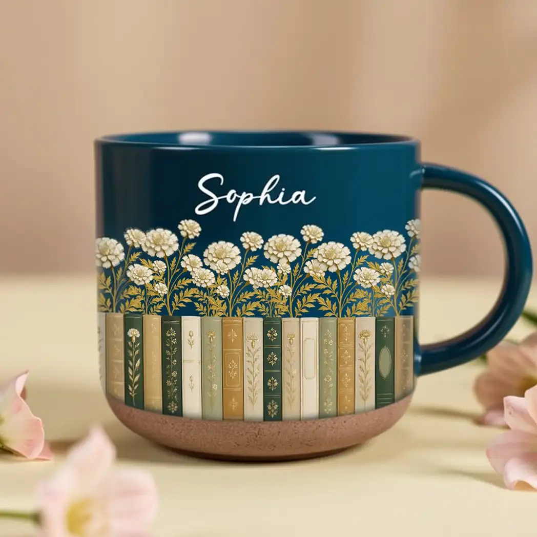 Personalized Pottery Mug, Floral Library Design for Book Lover, Unique Creative Gift for Morning Coffee