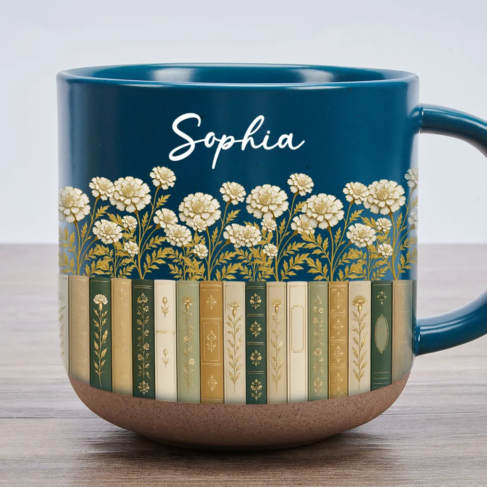 Personalized Pottery Mug, Floral Library Design for Book Lover, Unique Creative Gift for Morning Coffee - Image 2