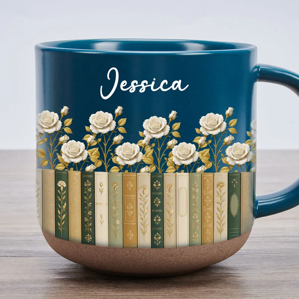 Personalized Pottery Mug, Floral Library Design for Book Lover, Unique Creative Gift for Morning Coffee - Image 3