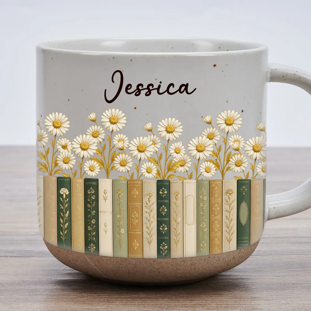 Personalized Pottery Mug, Floral Library Design for Book Lover, Unique Creative Gift for Morning Coffee - Image 4