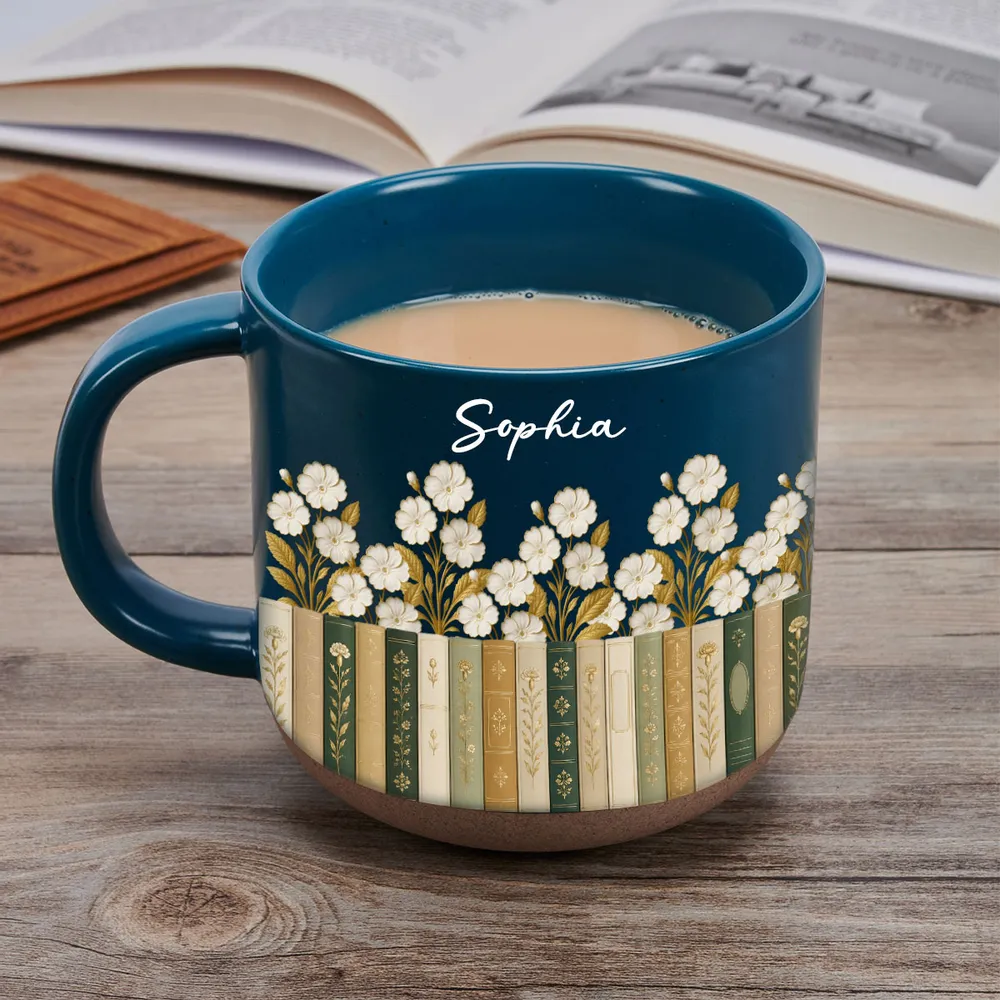 Personalized Pottery Mug, Floral Library Design for Book Lover, Unique Creative Gift for Morning Coffee - Image 6