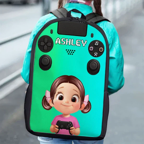 Personalized Kids School Backpack, Blue & Red Gamer Cartoon Boy Holding Controller, Unique Gift for Kids - Image 4