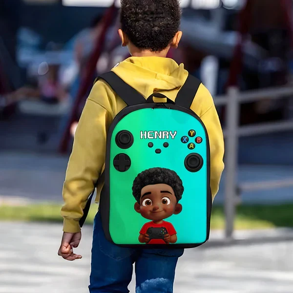 Personalized Kids School Backpack, Blue & Red Gamer Cartoon Boy Holding Controller, Unique Gift for Kids - Image 5