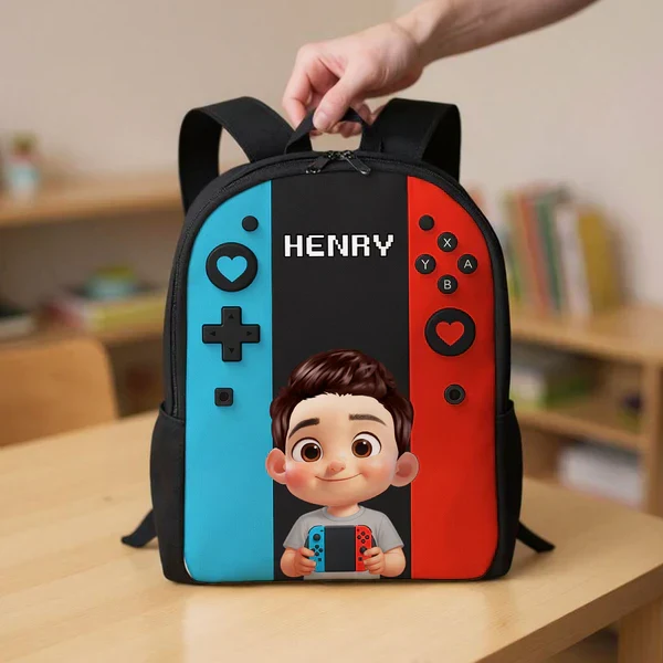 Personalized Kids School Backpack, Blue & Red Gamer Cartoon Boy Holding Controller, Unique Gift for Kids - Image 7