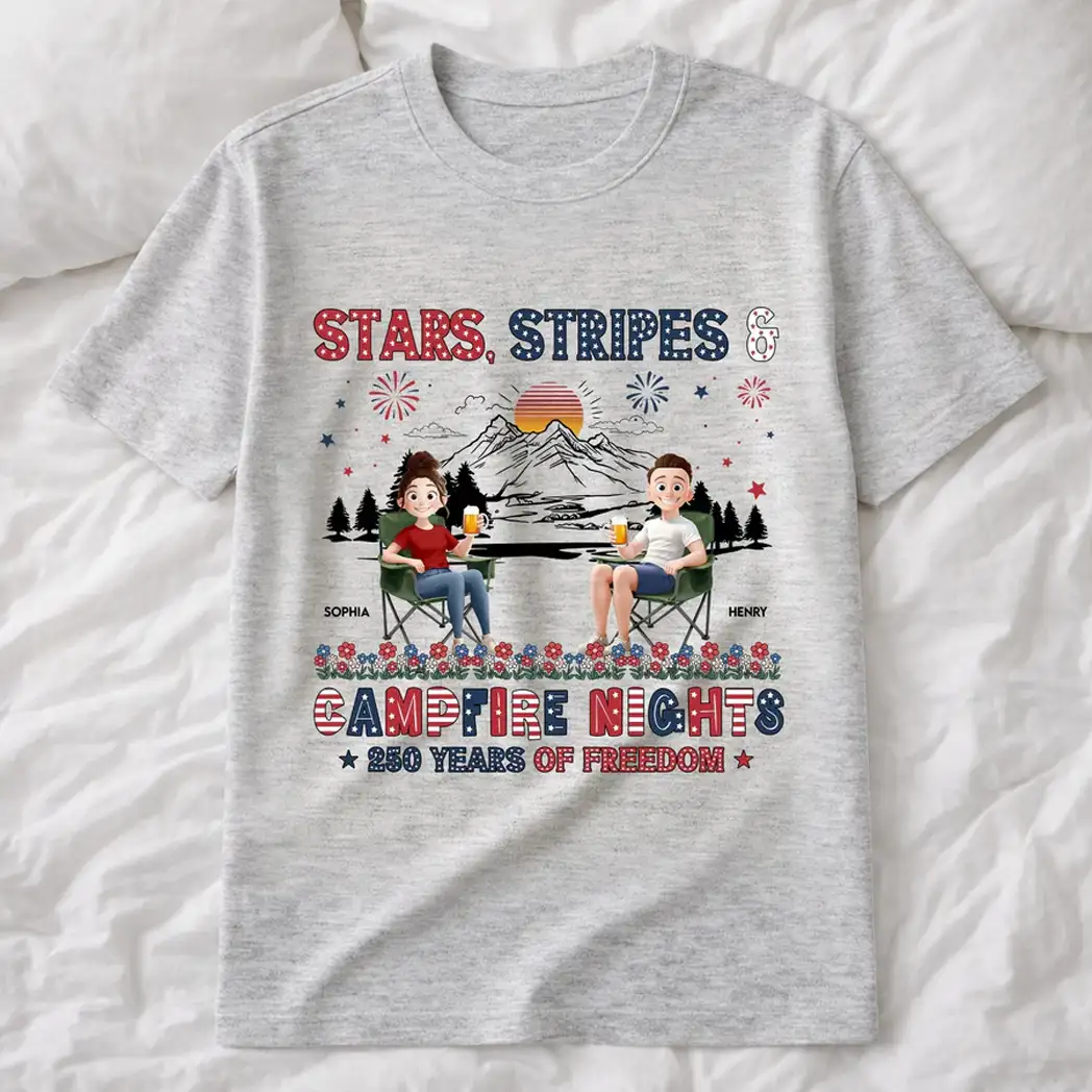 Personalized Classic Tee, Seated Campers Holding Drinks, Stars Stripes Mountain Sunset, Unique Creative Gift