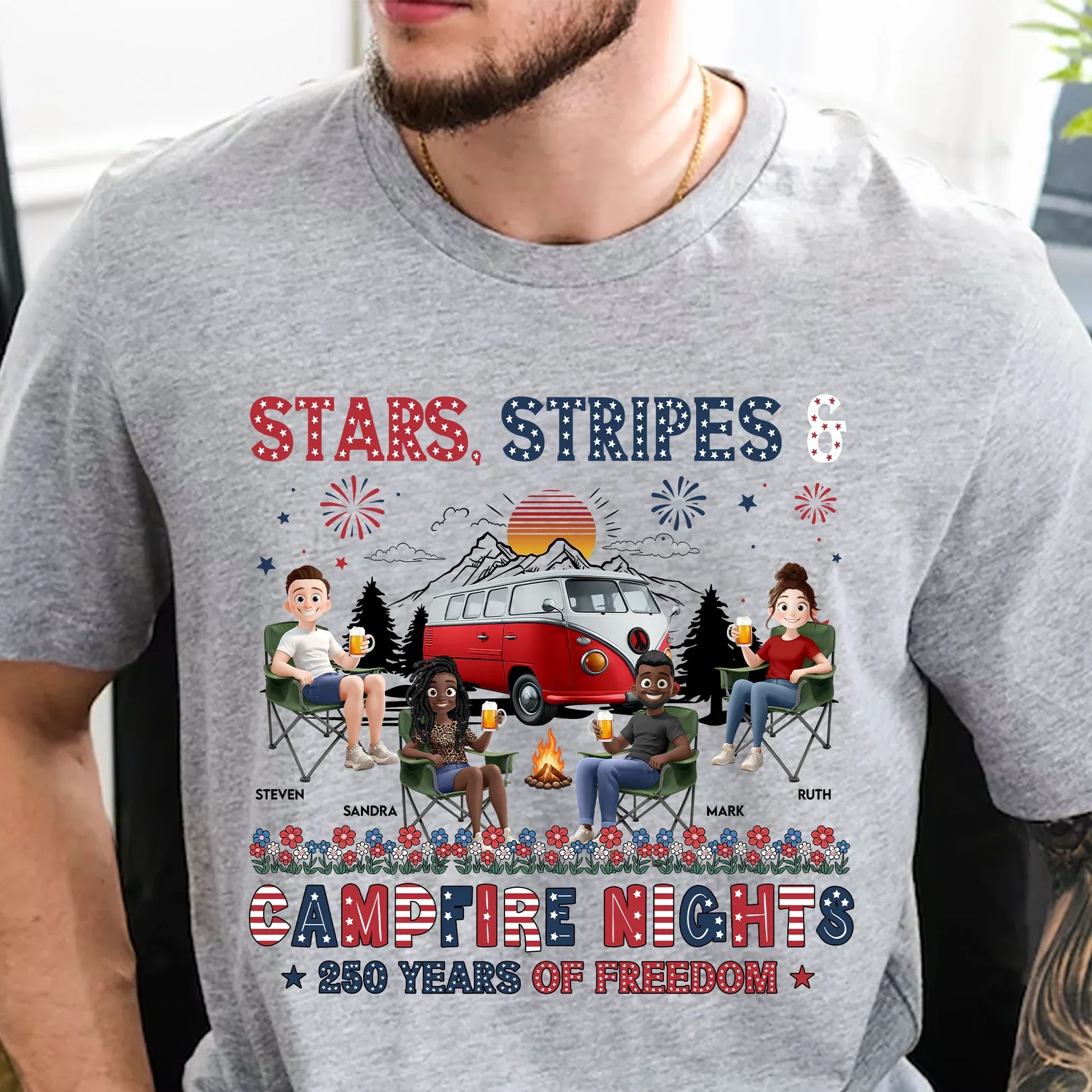 Personalized Classic Tee, Seated Campers Holding Drinks, Stars Stripes Mountain Sunset, Unique Creative Gift - Image 2