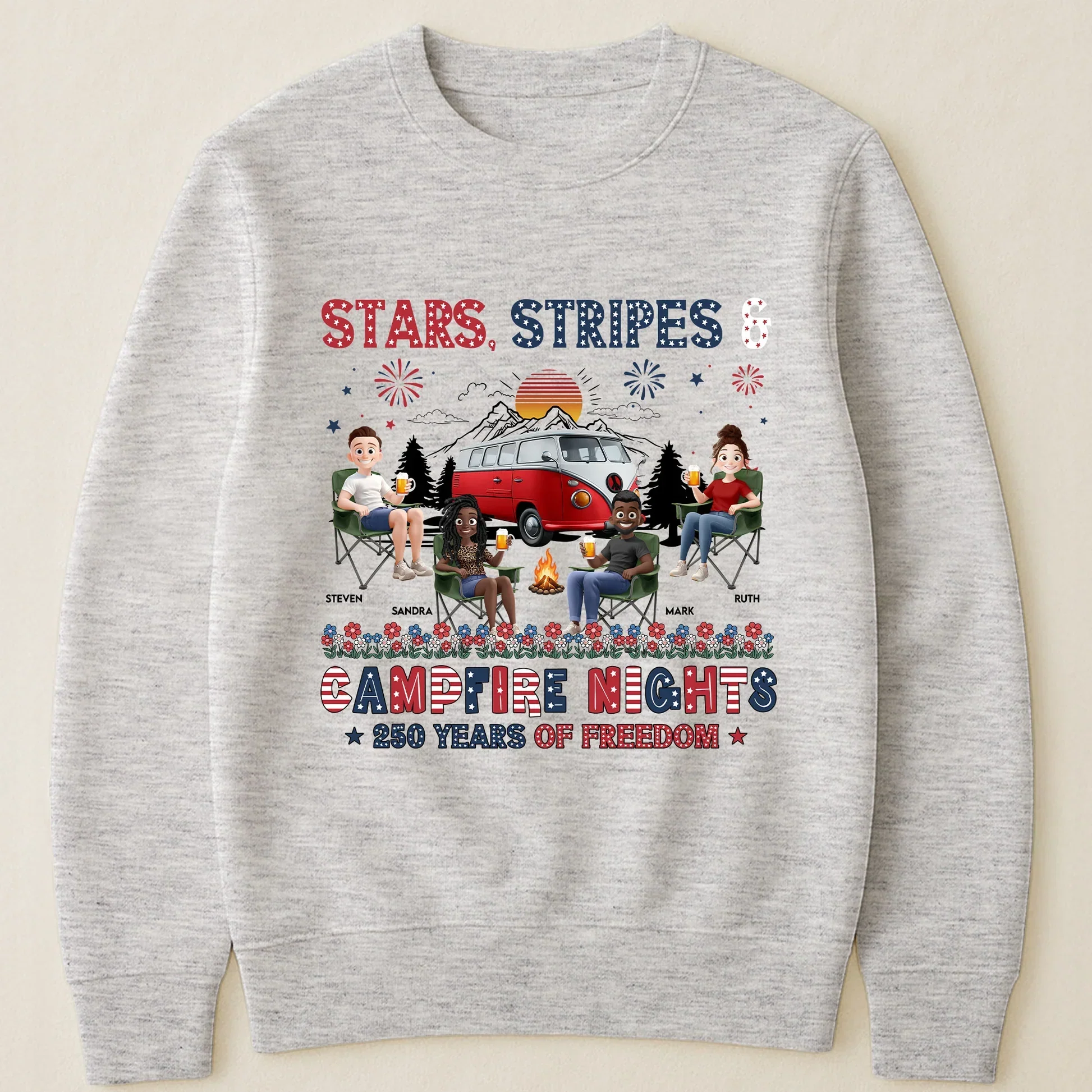 Personalized Classic Tee, Seated Campers Holding Drinks, Stars Stripes Mountain Sunset, Unique Creative Gift - Image 4