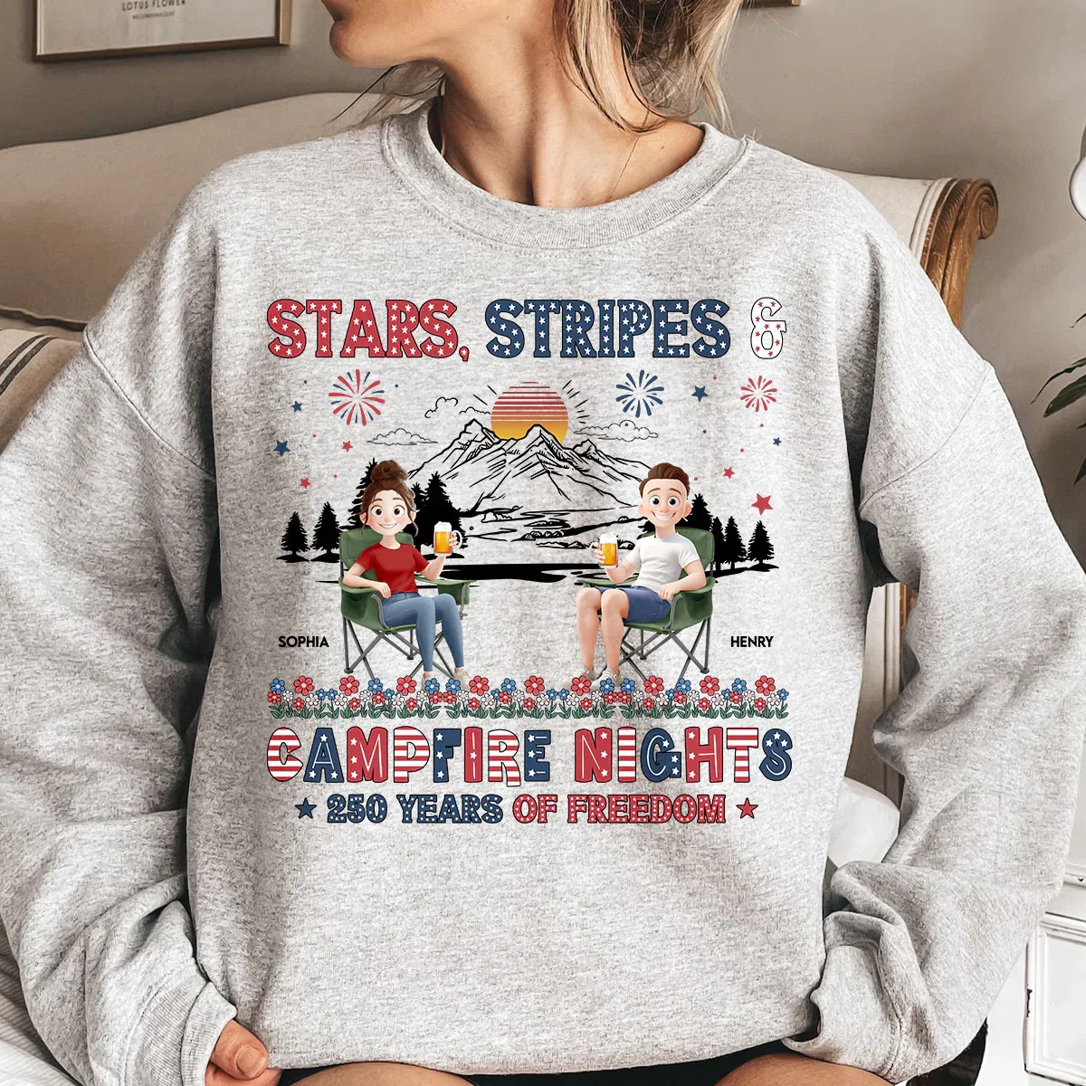 Personalized Classic Tee, Seated Campers Holding Drinks, Stars Stripes Mountain Sunset, Unique Creative Gift - Image 5