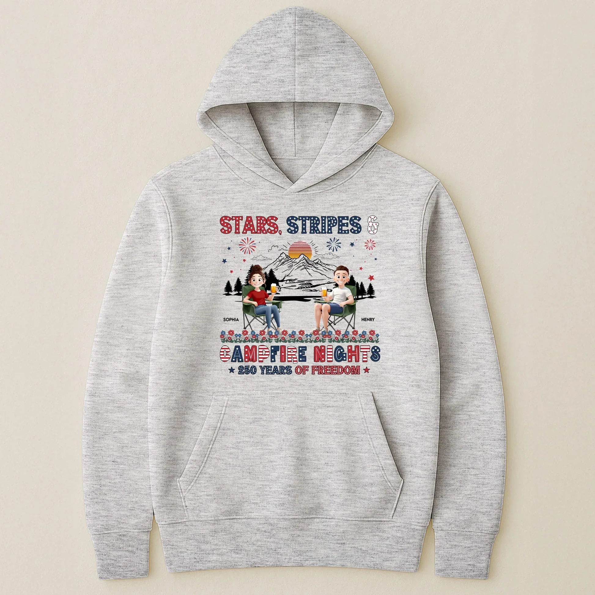 Personalized Classic Tee, Seated Campers Holding Drinks, Stars Stripes Mountain Sunset, Unique Creative Gift - Image 6