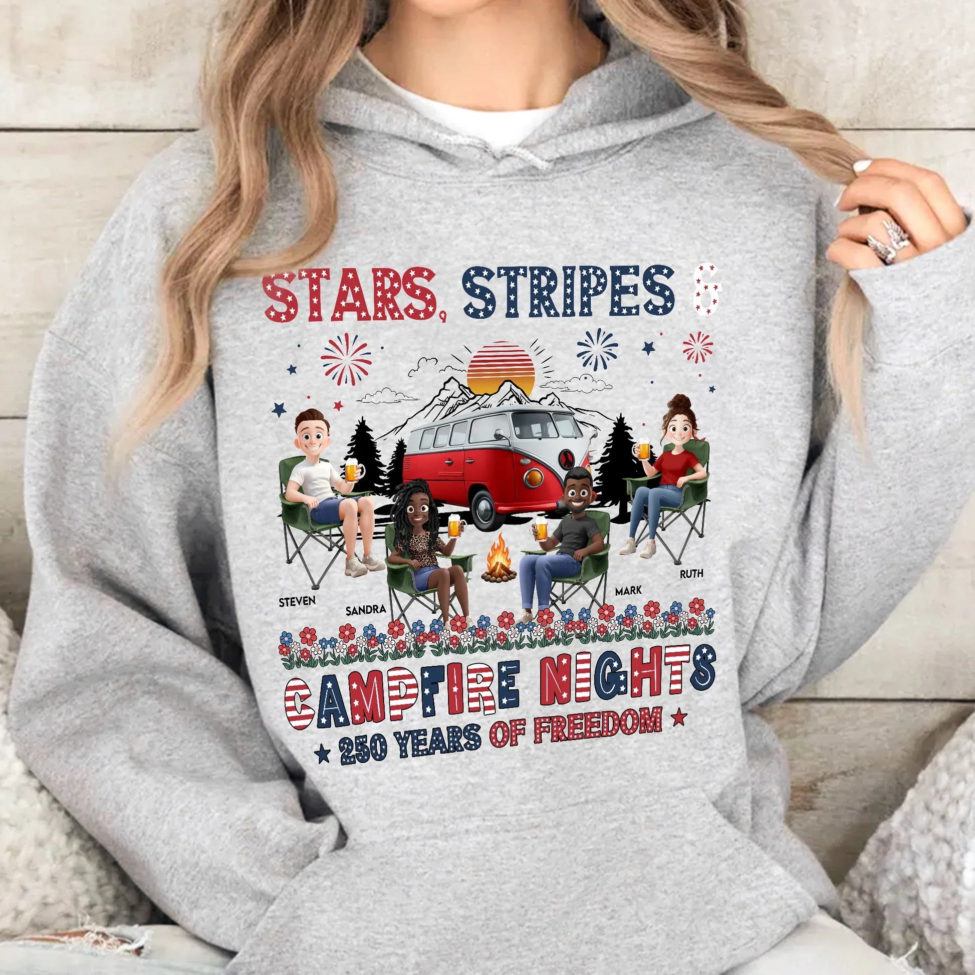Personalized Classic Tee, Seated Campers Holding Drinks, Stars Stripes Mountain Sunset, Unique Creative Gift - Image 8