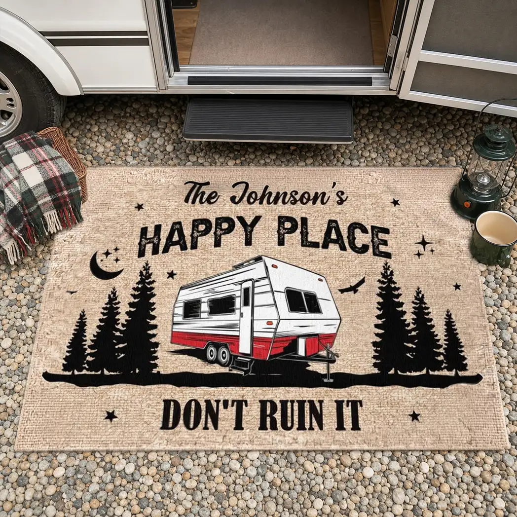 Personalized Doormat with Camper & Pine Forest, Happy Place Entryway, Unique Gift for Campers