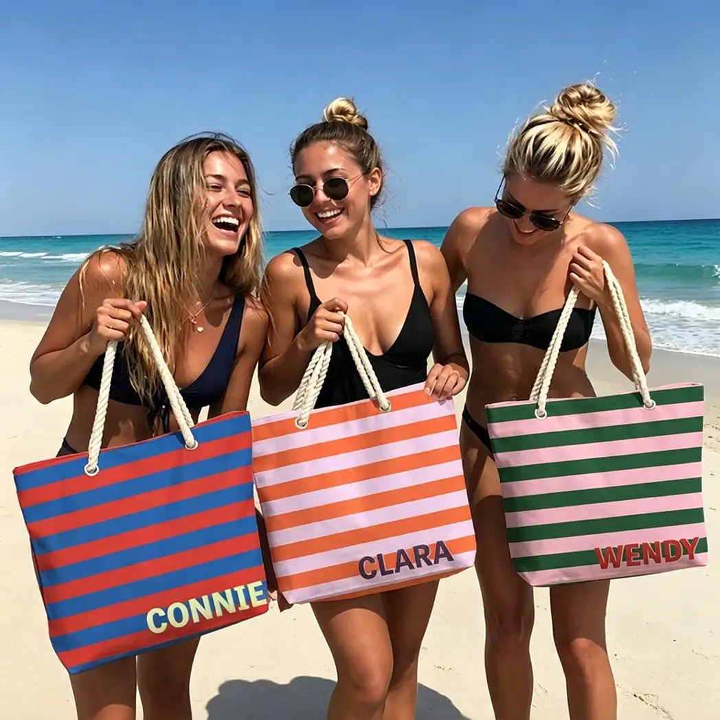 Personalized Rope Handle Canvas Bag, Bold Striped Tote Carried at the Beach, Creative Gift for Women & Friends