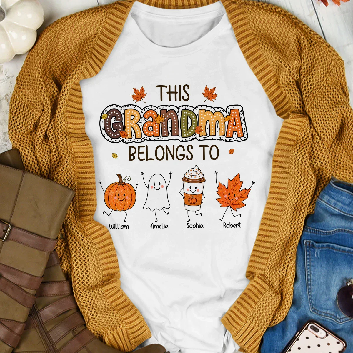Classic Tee for Grandma, Custom Smiling Pumpkin & Ghost Design, Creative Family Gift - Image 2