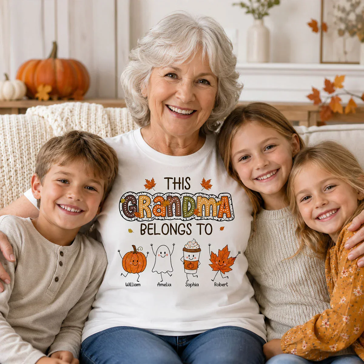 Classic Tee for Grandma, Custom Smiling Pumpkin & Ghost Design, Creative Family Gift - Image 3